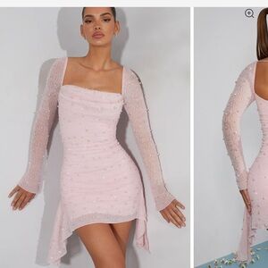 Long Sleeve Embellished Cowl Neck Mini Dress in Blush